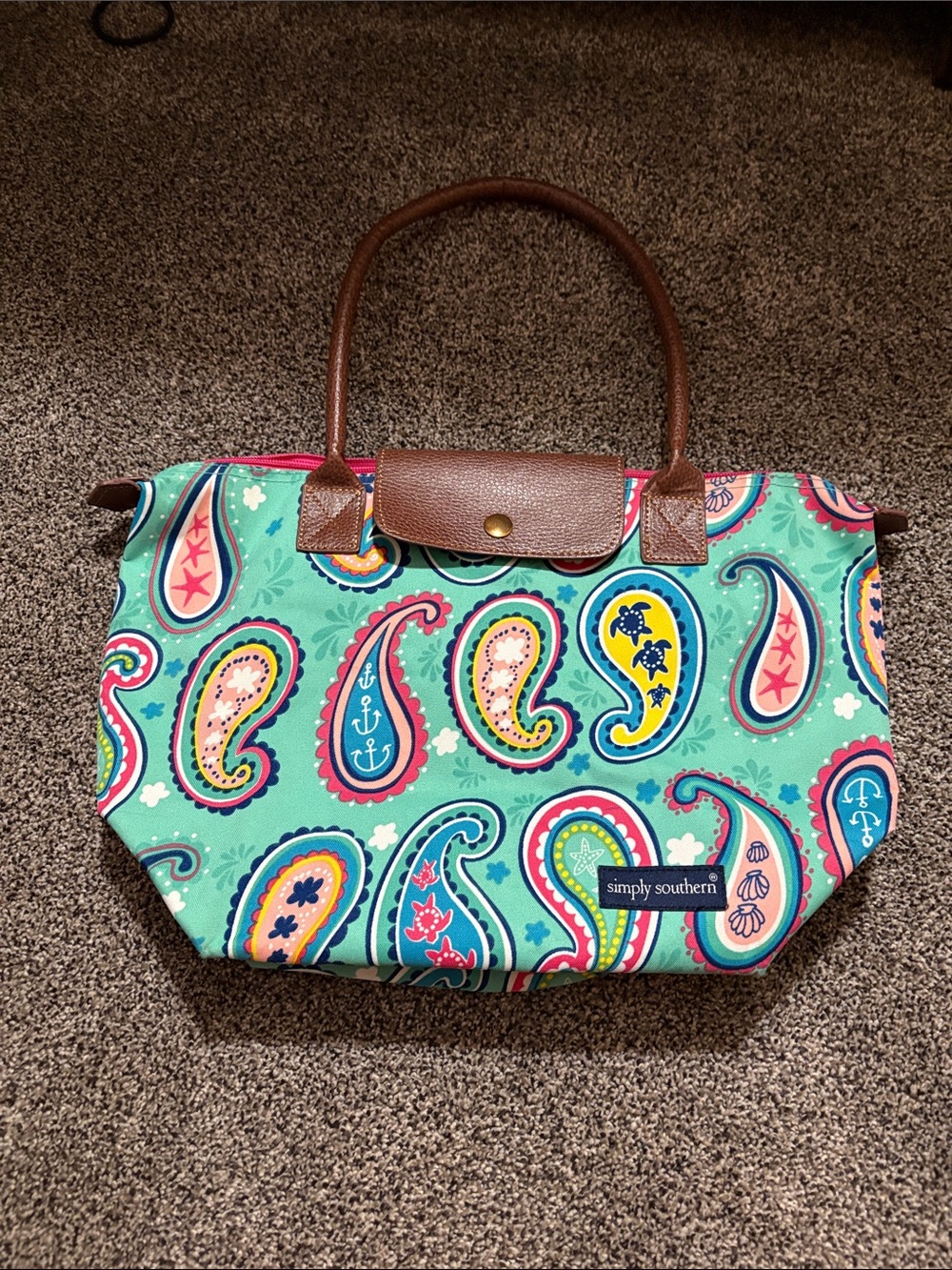 Simply Southern Teal Paisley Tote with Brown Handles